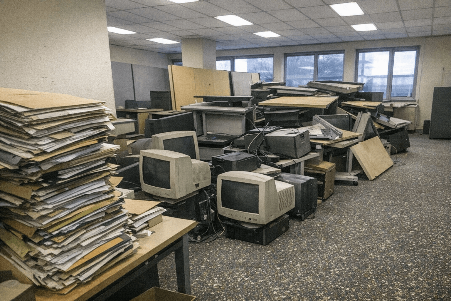 Leeres Büro mit abgebauten Schreibtischen und zusammengefassten Elektrokabeln