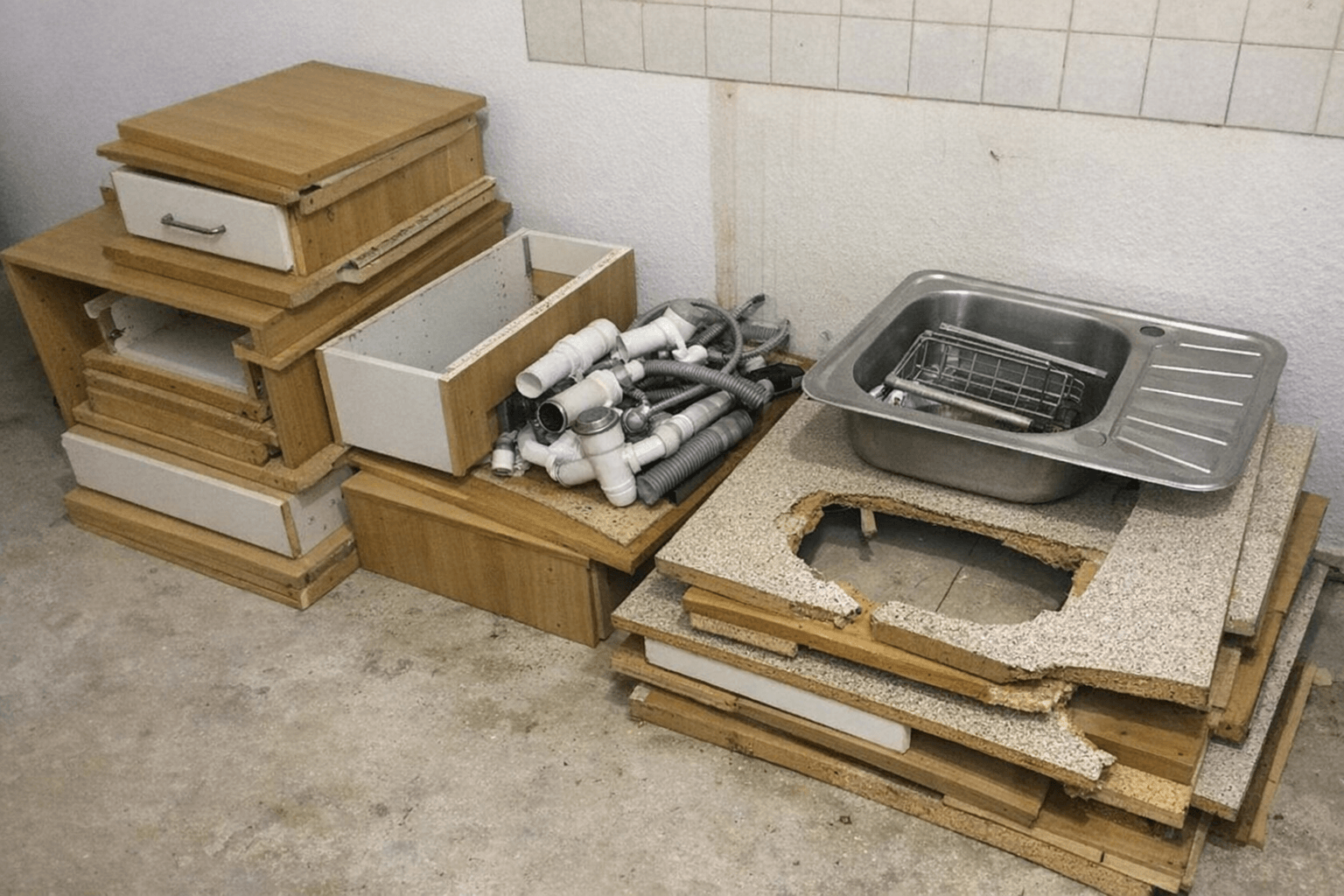 Eine alte Küche wird in Einzelteile zerlegt und aus einer Wohnung getragen