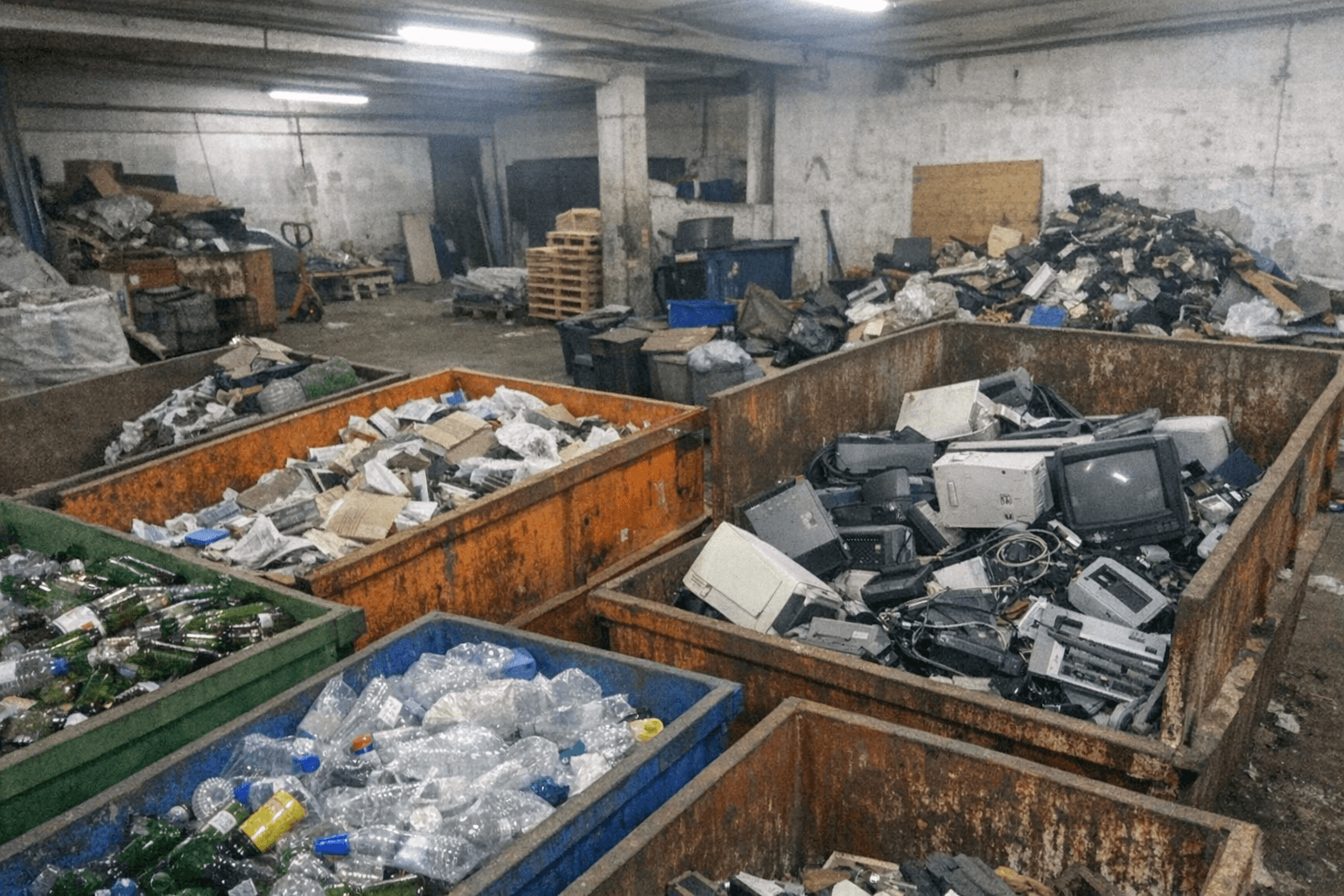 Mitarbeitende verladen ausgebaute Regalböden, Bürostühle und Elektronik aus einer ehemaligen Gewerbefläche